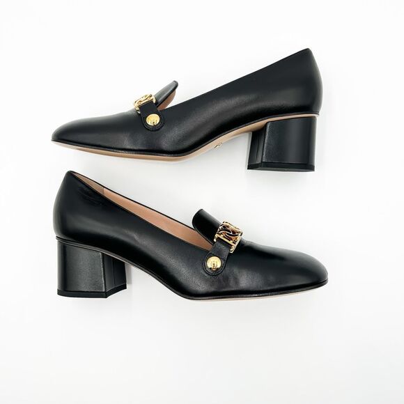 Gucci Heels Sylvie Pumps Black Loafers 55 Block Web Heel Chain 39.5, US 9.5 - Picture 7 of 14